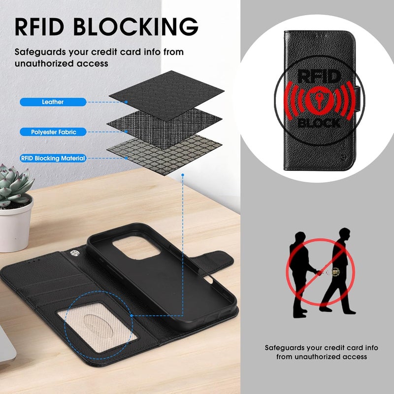 Arae Compatible with iPhone 16 Pro Case Wallet with Card Holder, Wristlet Strap Wallet Flip Cover for iPhone 16 Pro 6.3 inch Men/Women, RFID Blocking, Kickstand,Litchi Black - Image 4
